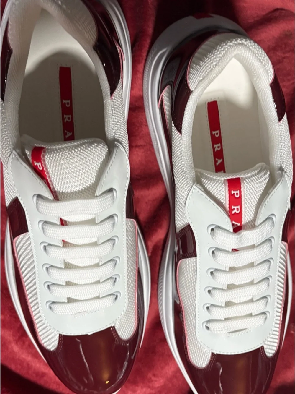 Prada White and Burgundy Low-Top Men's Sneakers - Picture 3 of 6